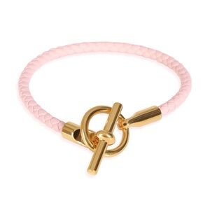 Auth New in Box Hermes Glenen Gold Pink rose braided leather Toggle Bracelet T2